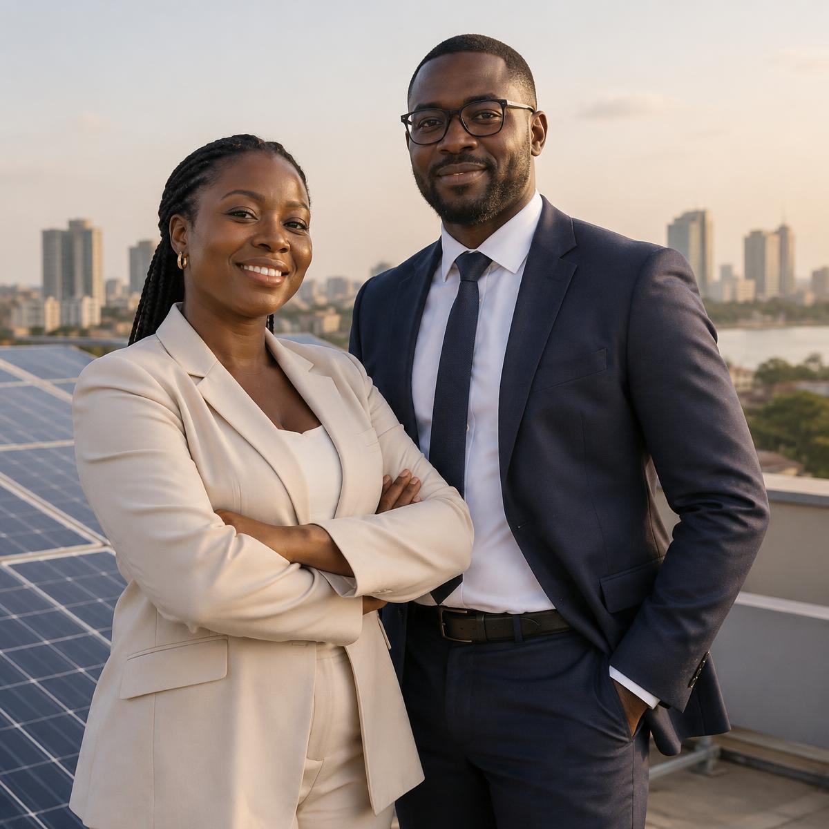 Entrepreneurs ouest-africains devant des panneaux solaires